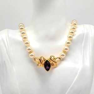 Vintage Swarovski Swan Signed Amethyst Marquise Pendant on Faux Pearls